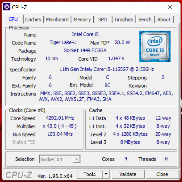GZ-HU搭載 Core i5-1155G7 のCPU-Z