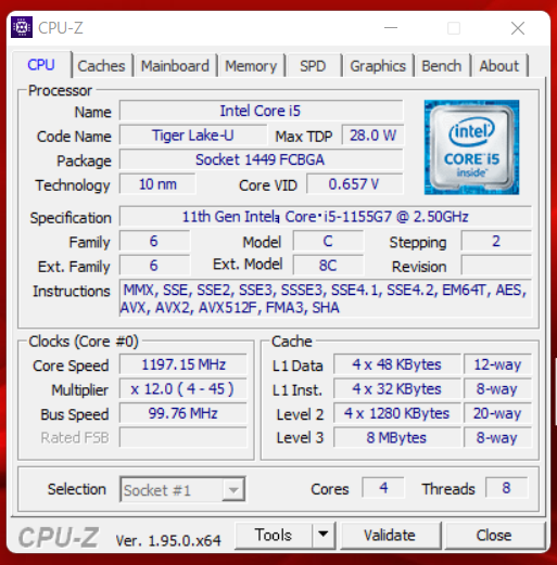 「Dynabook VZ/HU（2021）」のCPU-Z-Core i5-1155G7