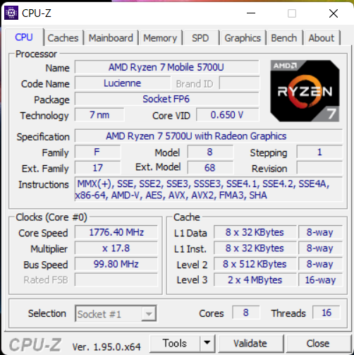 「Pavilion 15-eh1000（AMD）」のRyzen 7 5700U搭載機CPU-Z-1