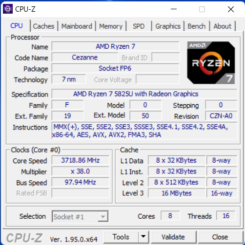「Inspiron 16 5625（AMD）」のCPU-Z-一枚目