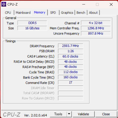 「VZ/HV（2022）」のCPU-Z、メモリ情報