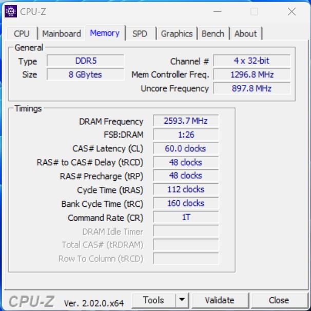 「Surface laptop 5」のCPU-Z、メモリ情報