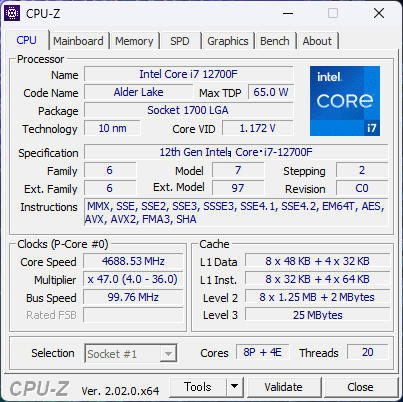 「OMEN by HP 25L」のCPU-Z、プロセッサー情報