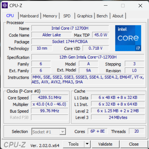 「Dell G15（5520）」のCPU-Z、プロセッサー情報