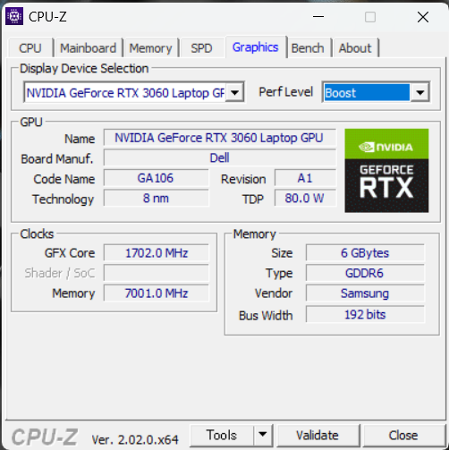 「Dell G15（5520）」のCPU-Z、メモリ情報
