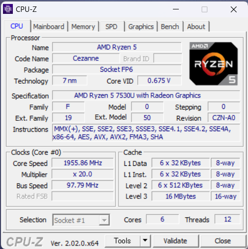 「Flex 5 Gen 8 14型(AMD)」のRyzen 5 7530UのCPU-Z、プロセッサー情報