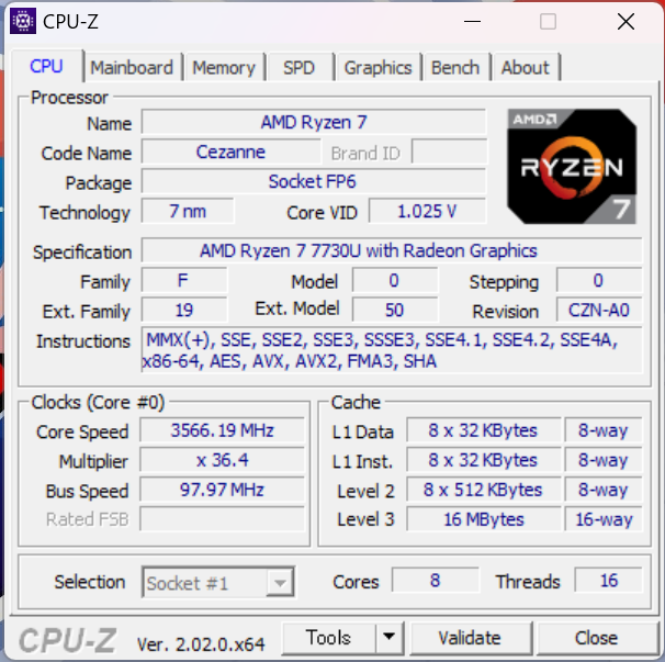 「Yoga 6 Gen 8 13.3型(AMD)」のCPU-Z、プロセッサー情報