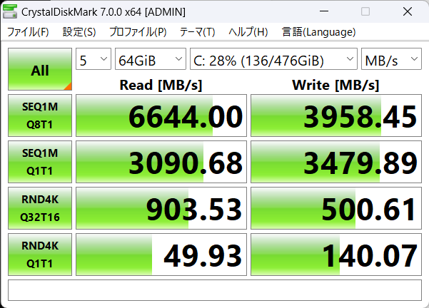 「Victus 16（AMD）」本体ストレージ・CrystalDiskMark7.0にて大容量で計測