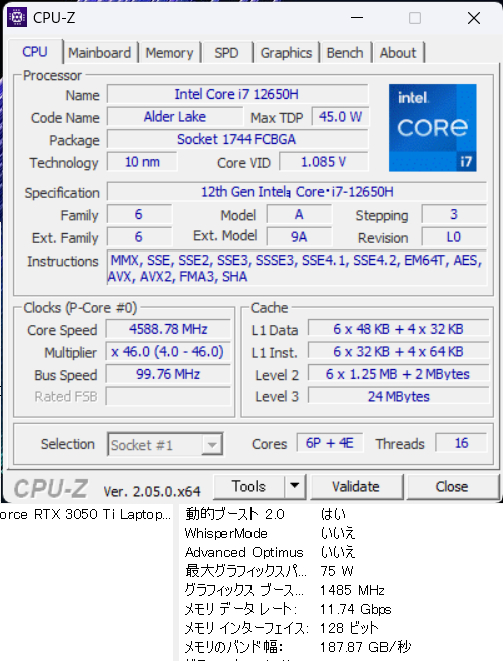 「Victus 15 Intel（2022）」のCPU-Z、プロセッサー情報