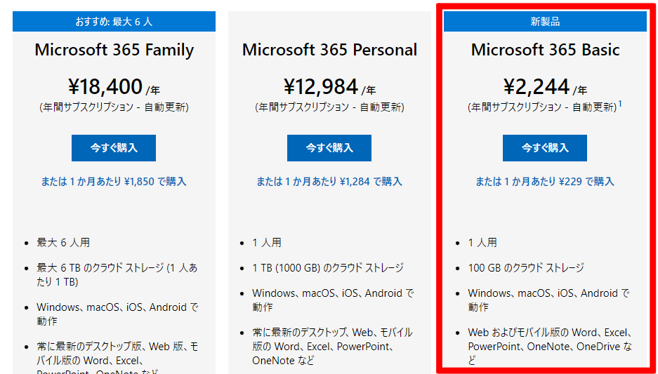 「Microsoft 365 Basic」の価格
