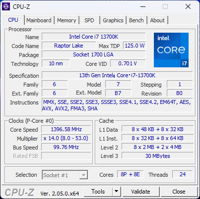 「OMEN 40L Desktop（2023）」のCPU-Z、プロセッサー情報