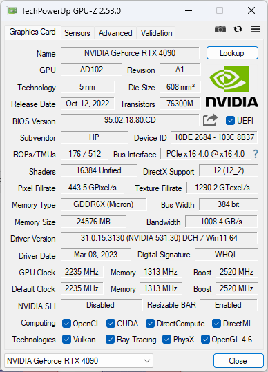 「OMEN 45L Desktop（2023）」RTX4090 のCPU-Z、メモリ情報