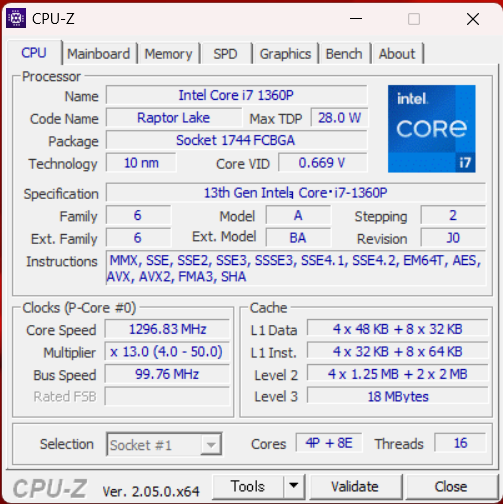 「dynabook GZ/HW（2023）」Core i7-1360PのCPU-Z、プロセッサー情報