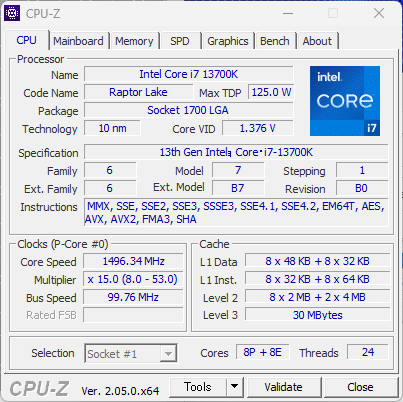 「OMEN 45L Desktop（2023）RTX4080 搭載モデル」のCPU-Z、プロセッサー情報