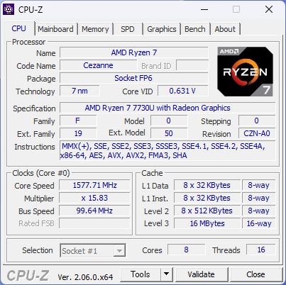 「Inspiron 14 5435（AMD）」Ryzen 7 7730UのCPU-Z、プロセッサー情報