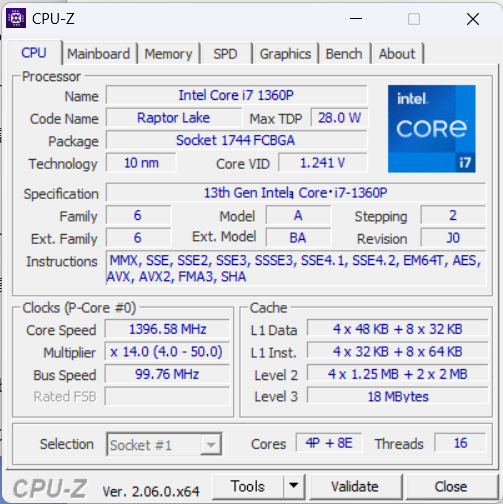 「Inspiron 16 5630（2023）」のCPU-Z、Core i7-1360Pプロセッサー情報