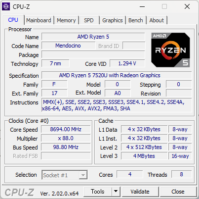 「IdeaPad Slim 170 14型 (AMD)」Ryzen 5 7520UのCPU-Z、プロセッサー情報