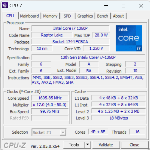 「dynabook XZ/HW」Core i7-1360PのCPU-Z、プロセッサー情報