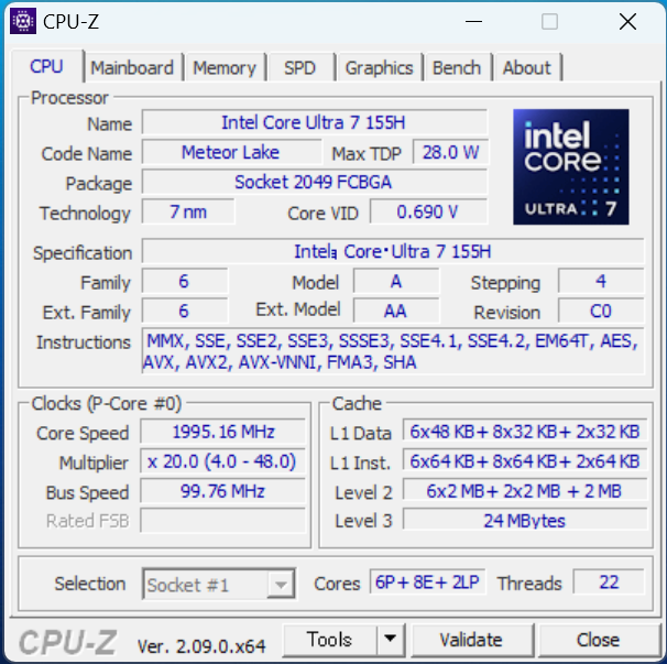 「dynabook RZ/HX（2024）」Core Ultra 7 155HのCPU-Z、プロセッサー情報
