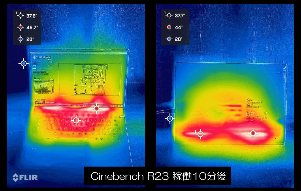 「dynabook RZ/HX（2024）」Core Ultra 7 155H 搭載機で Cinebench R23 を10分間稼働させた後の外郭温度