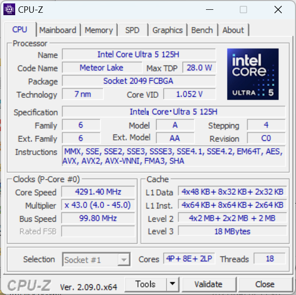 『dynabook RZ/MX（2024）』Core Ultra 5 125H のCPU-Z