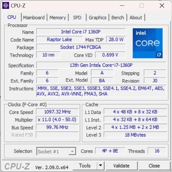 『dynabook MZ/MX（2024）』Core i7-1360PのCPU-Z