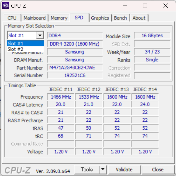 『dynabook SZ/MX（2024）』のCPU-Z、メモリ情報