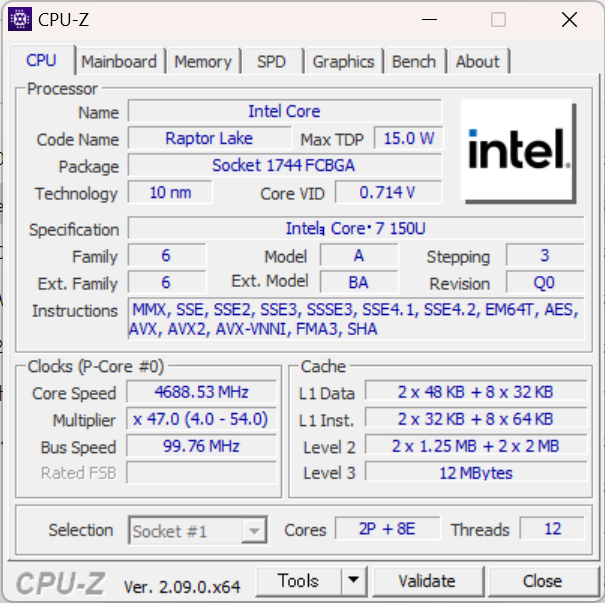 『dynabook SZ/MX（2024）』Core 7 150UのCPU-Z、プロセッサー情報