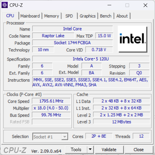 『Inspiron 16（5640）』Core 5 120U のCPU-Z、プロセッサー情報