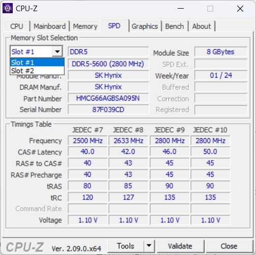 『Inspiron 16（5640）』のCPU-Z、メモリ情報