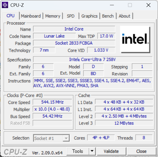 『MousePro G4』Core Ultra 7 258VのCPU-Z、プロセッサー情報