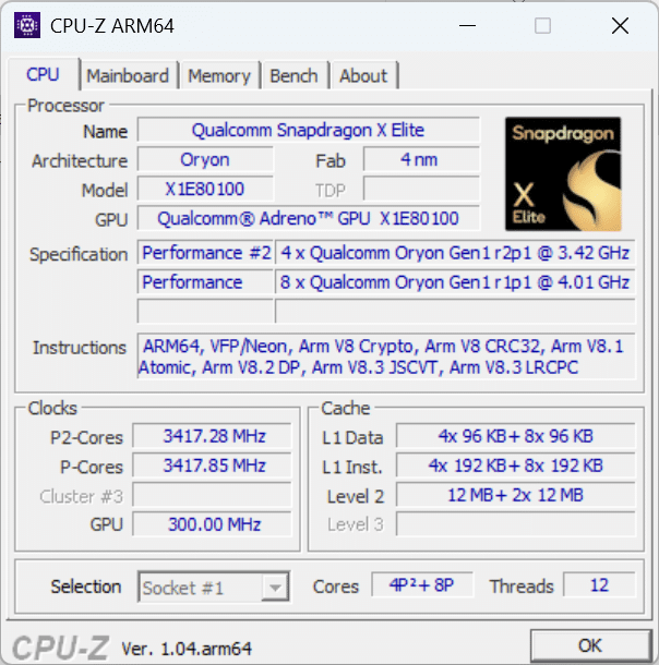 『XPS 13 9345』「Snapdragon X Elite X1E-80-100」のCPU-Z、プロセッサー情報