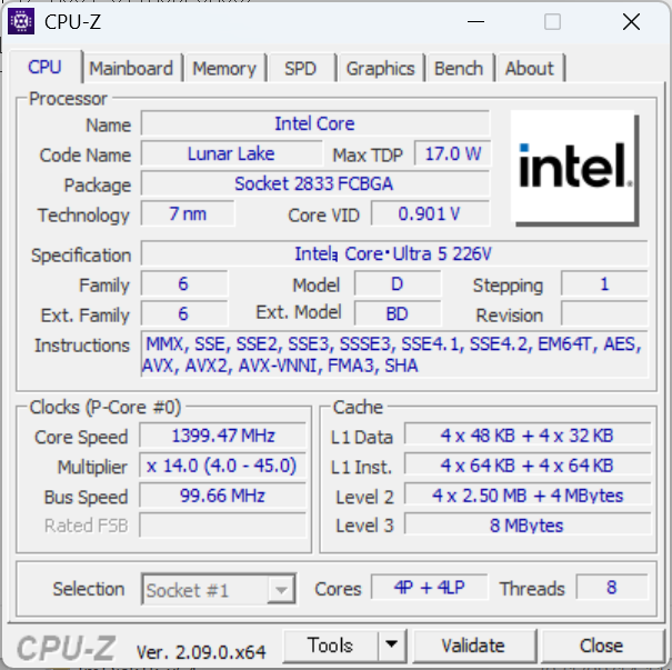 『MousePro G4』Core Ultra 5 226VのCPU-Z、プロセッサー情報